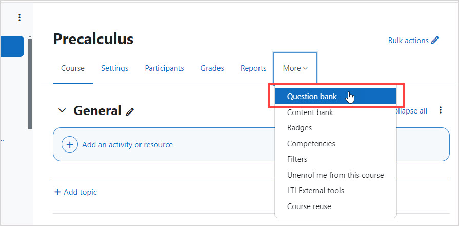 On the Moodle course menu at the top of the page, the More menu is selected and Question bank is highlighted.